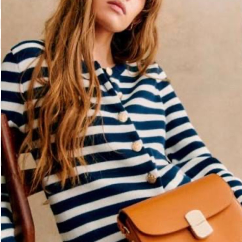 Sezane Striped Navy and White Cardigan with gold buttons Size L